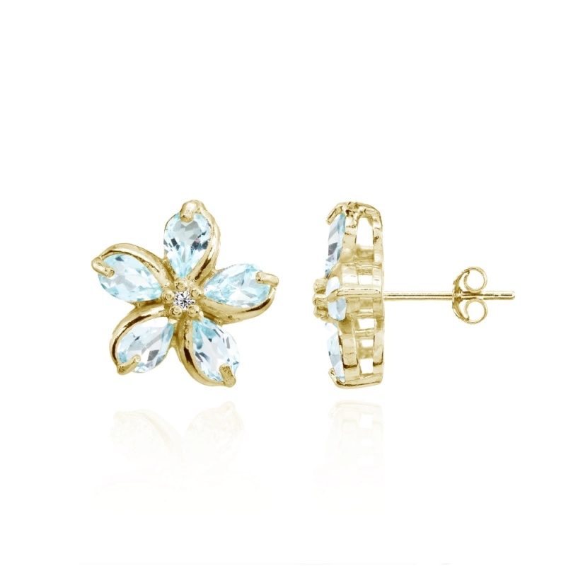 Yellow Gold Flashed Sterling Silver Blue Topaz Polished Flower Stud Earrings