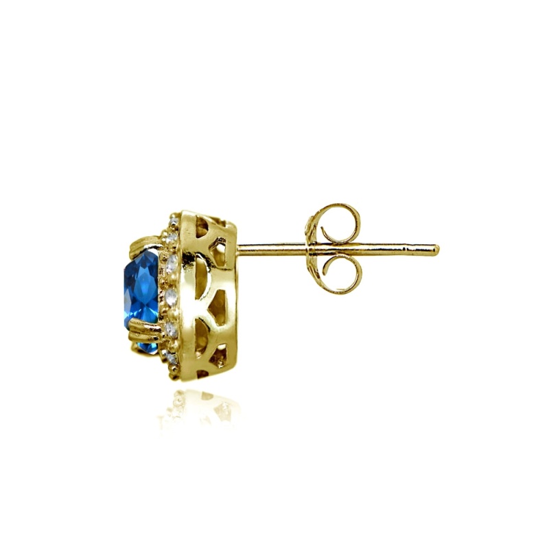 Yellow Gold Flashed Sterling Silver Created London Blue Topaz And Cz Accents Round Halo Stud Earrings