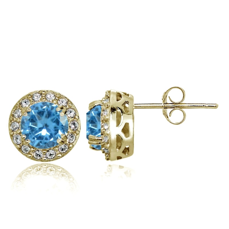 Yellow Gold Flashed Sterling Silver Created Blue Topaz And Cz Accents Round Halo Stud Earrings
