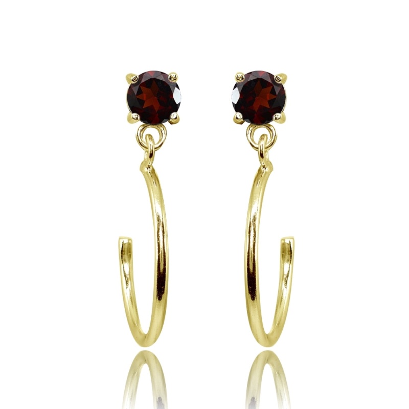Yellow Gold Flashed Sterling Silver 4Mm Garnet Dangling Half Hoop Stud Earrings