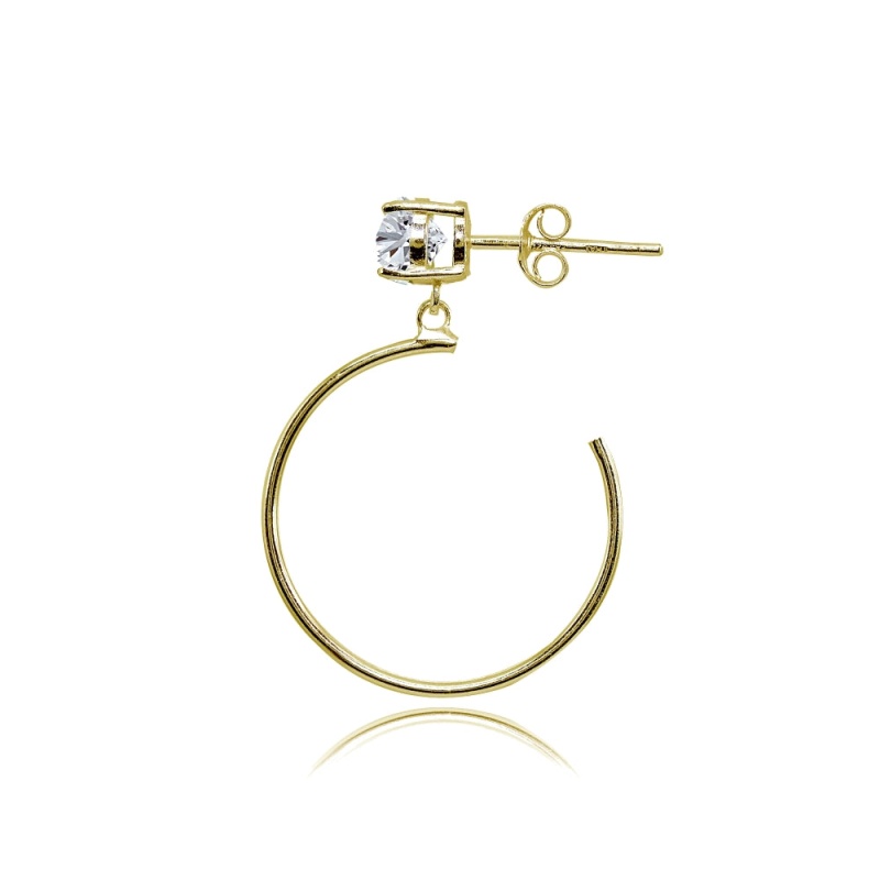Yellow Gold Flashed Sterling Silver 5Mm Cubic Zirconia Dangling Half Hoop Stud Earrings
