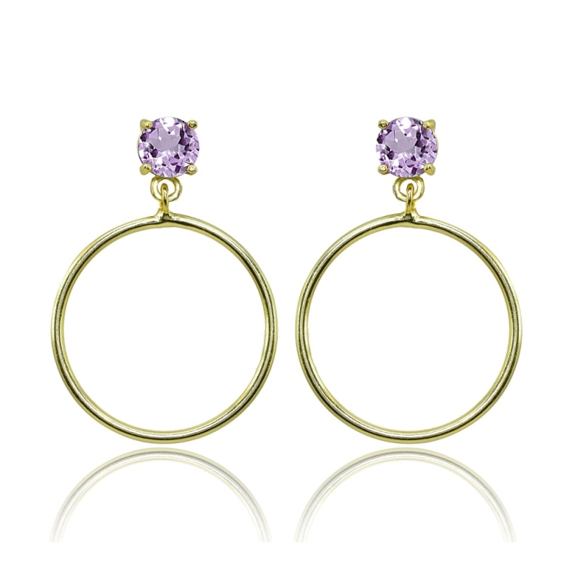 Yellow Gold Flashed Sterling Silver 6Mm Amethyst Dangling Round Hoop Stud Earrings