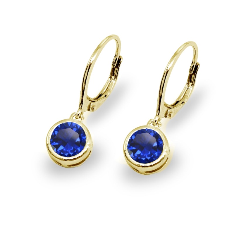 Gold Flash Sterling Silver Created Blue Sapphire 6Mm Round Bezel-Set Dangle Leverback Earrings