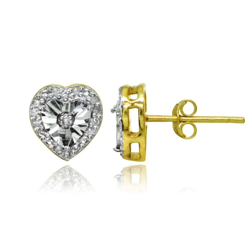 Yellow Gold Flashed Sterling Silver Polished Dainty Heart Diamond Accent Stud Earrings, Jk-I3