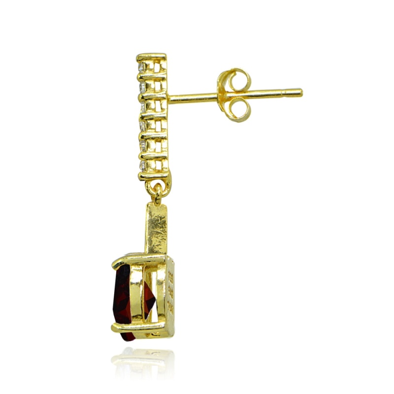 Yellow Gold Flashed Sterling Silver Garnet & White Topaz Oval Encrusted Bar Dangle Drop Earrings