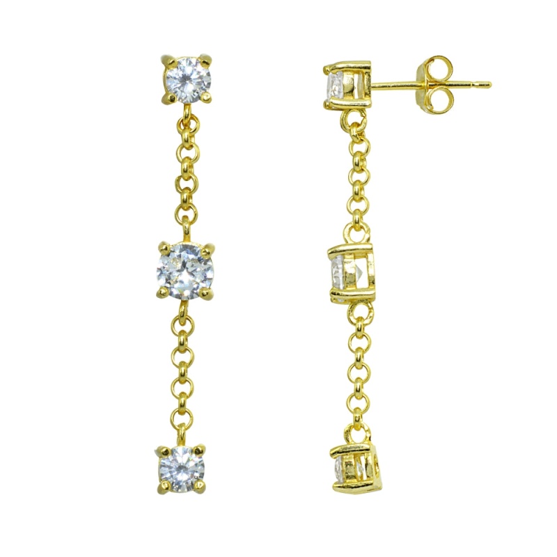 Yellow Gold Flashed Sterling Silver Cubic Zirconia Round Long Drop Chain Dangle Earrings