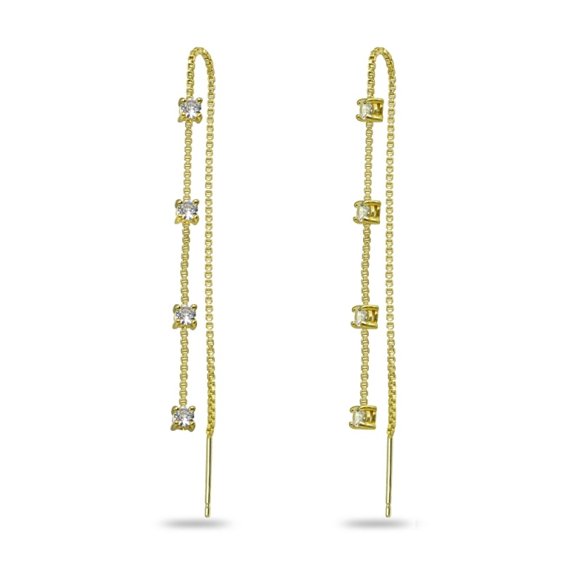 Yellow Gold Flashed Sterling Silver Cubic Zirconia Round Long Dangle Chain Drop Wrap Tassel Threader Earrings