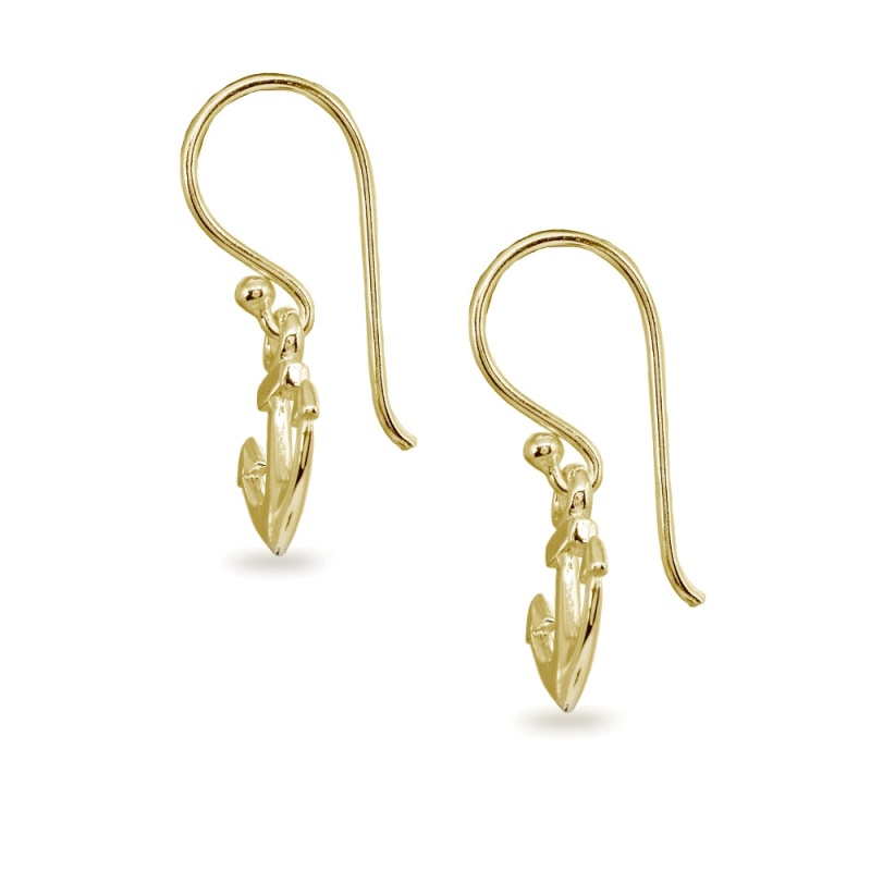 Yellow Gold Flashed Sterling Silver Polished Anchor Nautical Navy Dangle Earrings