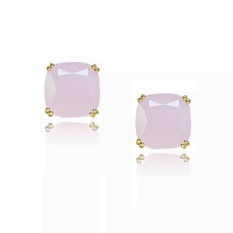 Yellow Gold Flashed Sterling Silver Pink Crystal 10Mm Cushion-Cut Solitaire Small Stud Earrings