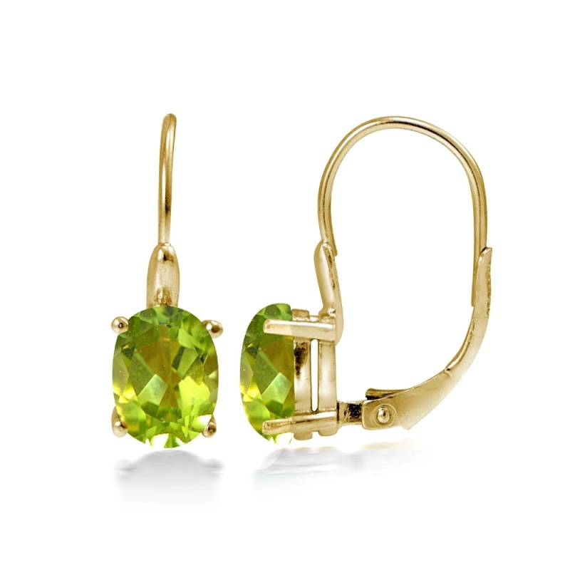 Yellow Gold Flashed Sterling Silver Peridot 8X6mm Oval Leverback Earrings
