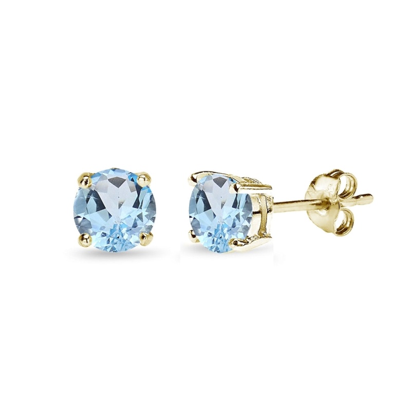 Yellow Gold Flashed Sterling Silver Blue Topaz 5Mm Round-Cut Solitaire Stud Earrings