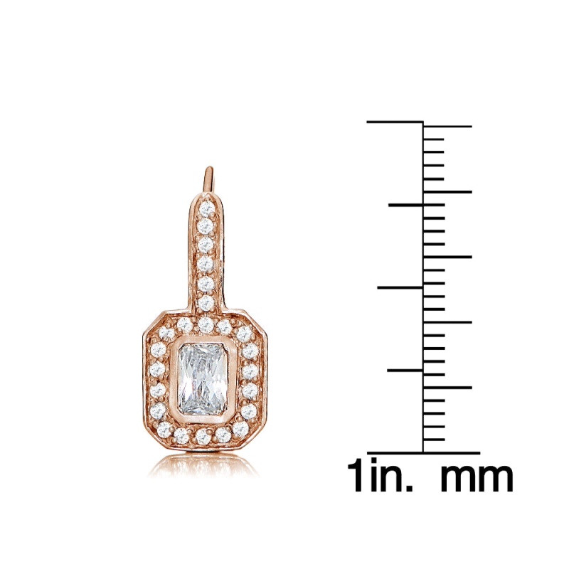 Rose Gold Flashed Sterling Silver Cubic Zirconia Rectangle Leverback Earrings