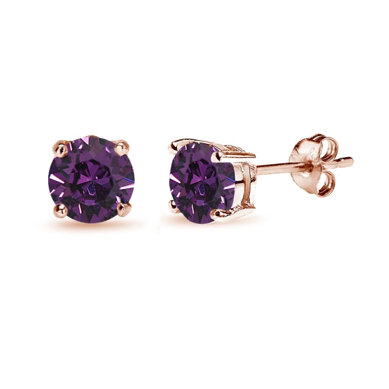 Rose Gold Flashed Sterling Silver 6Mm Purple Round Solitaire Stud Earrings Made With Swarovski Crystals