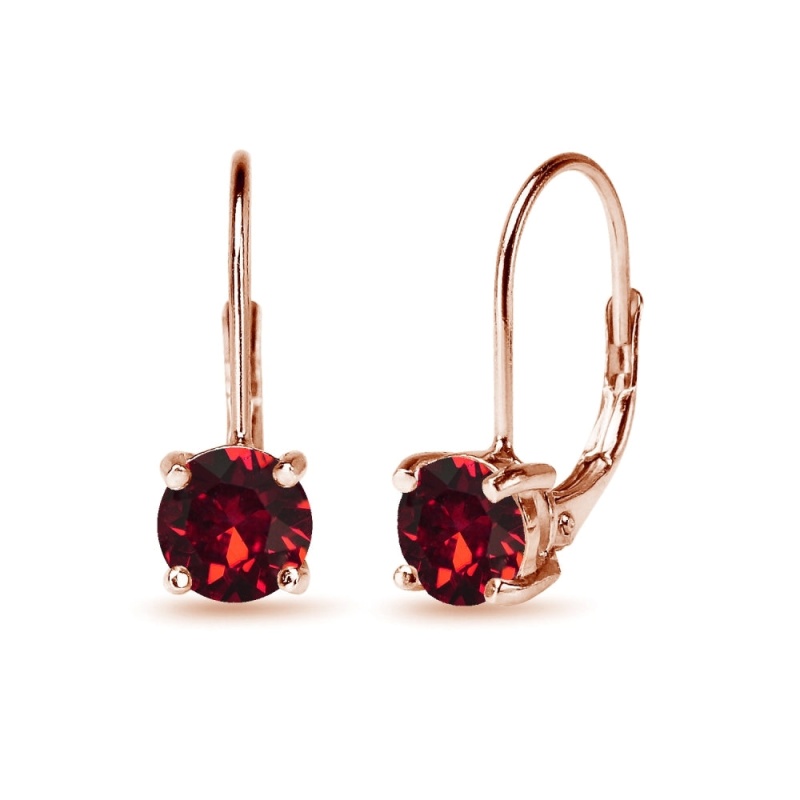 Rose Golden Shadow Flashed Sterling Silver Red Round-Cut Leverback Earrings Made With Swarovski Crystals