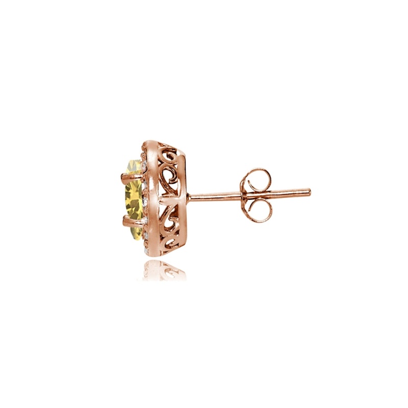 Rose Gold Flashed Sterling Silver Citrine And Cubic Zirconia Accents Oval Halo Stud Earrings