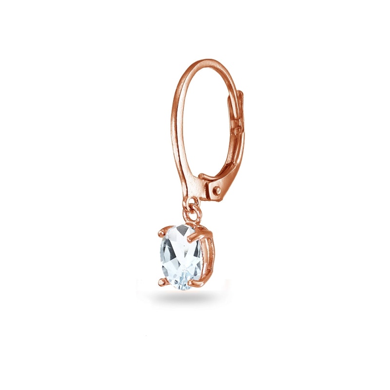 Rose Gold Flashed Sterling Silver Aquamarine 7X5mm Oval Dangle Leverback Earrings