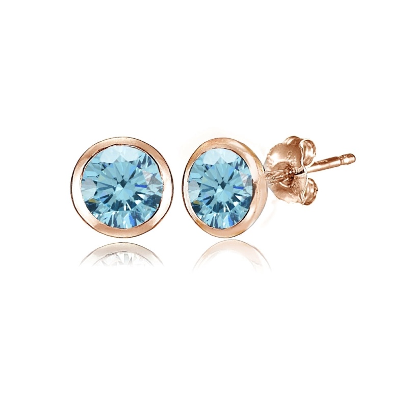 Rose Gold Flashed Sterling Silver 5Mm Bezel-Set Martini Light Blue Stud Earrings Created With Swarovski Crystals