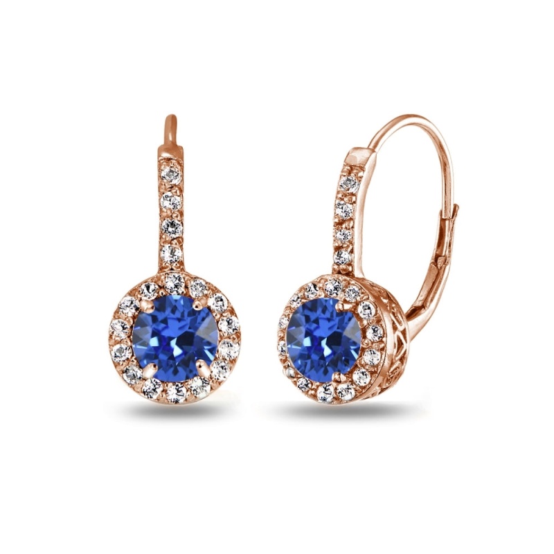 Rose Gold Flashed Sterling Silver Blue Halo Leverback Drop Earrings Created With Swarovski Crystals
