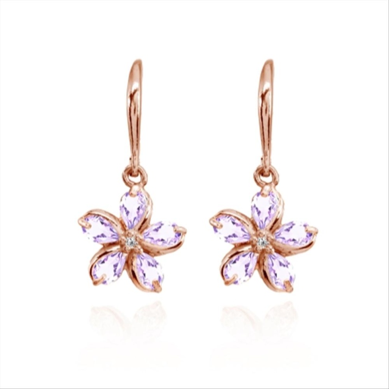Rose Gold Flashed Sterling Silver Amethyst Polished Flower Dangle Leverback Earrings
