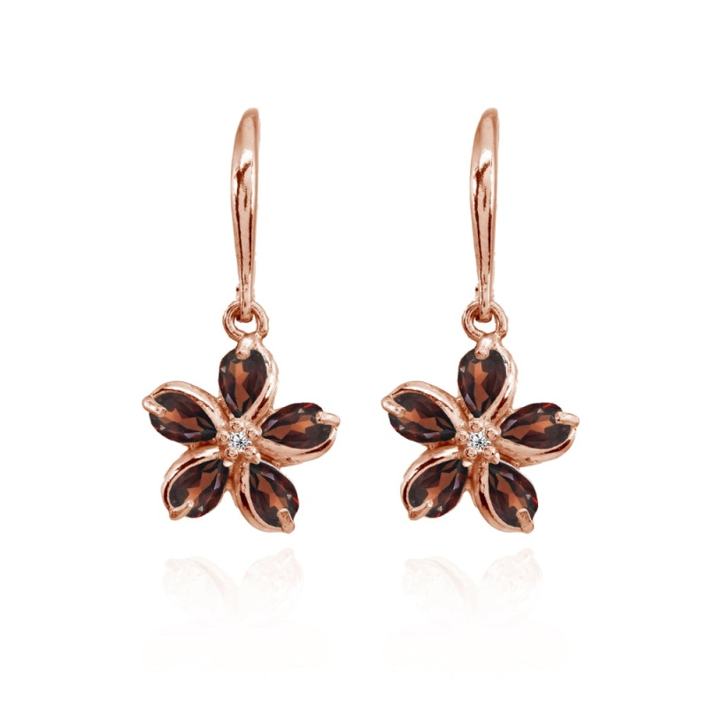 Rose Gold Flashed Sterling Silver Garnet Polished Flower Dangle Leverback Earrings