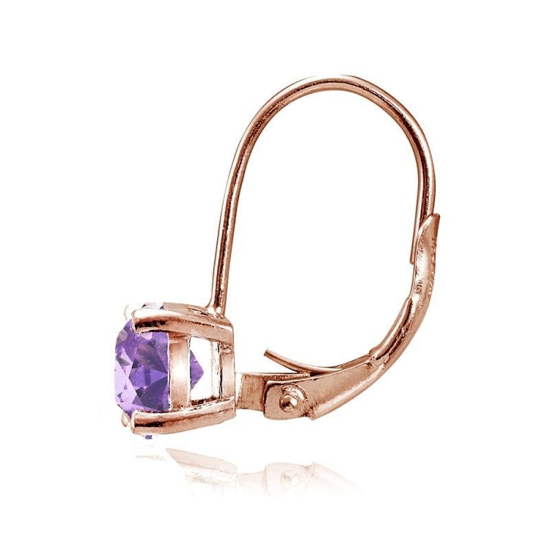 Rose Gold Flashed Sterling Silver Created Amethyst 6Mm Round Leverback Earrings