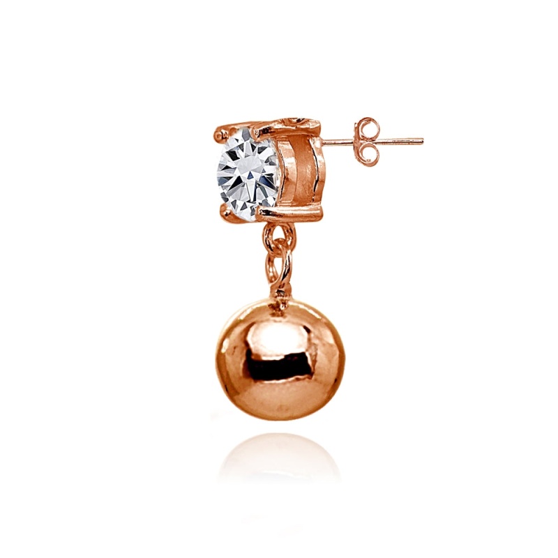 Rose Gold Flashed Sterling Silver Cubic Zirconia 4Mm Dangling Round Bead Stud Earrings
