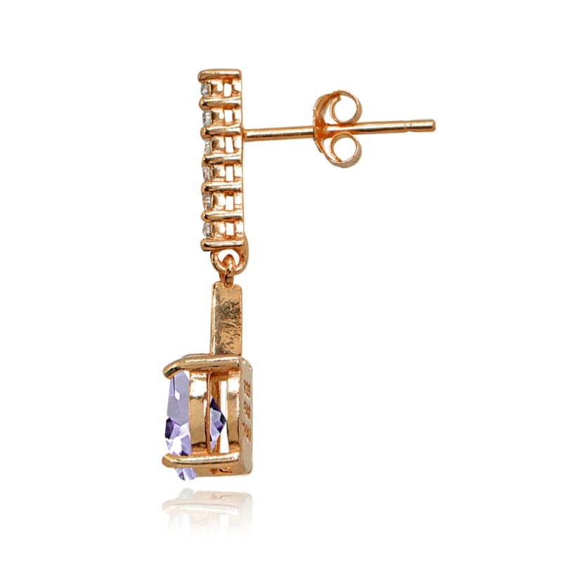 Rose Gold Flashed Sterling Silver Amethyst & White Topaz Oval Encrusted Bar Dangle Drop Earrings