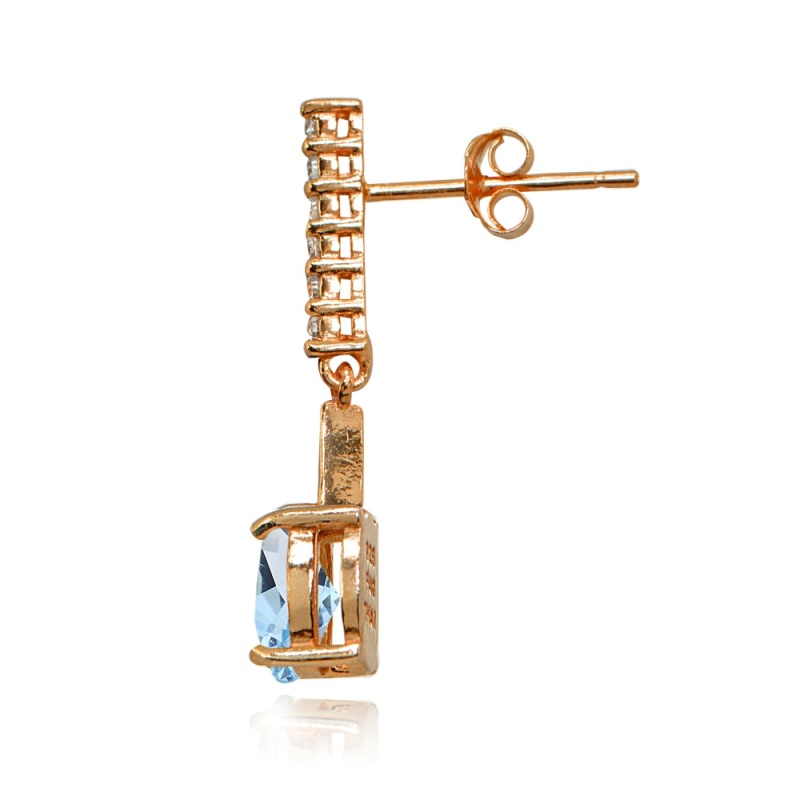 Rose Gold Flashed Sterling Silver Blue & White Topaz Oval Encrusted Bar Dangle Drop Earrings