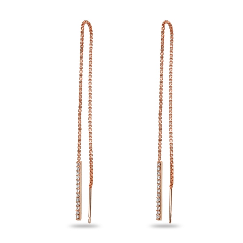 Rose Gold Flashed Sterling Silver Cubic Zirconia Bar Dangle Chain Long Drop Wrap Tassel Threader Earrings