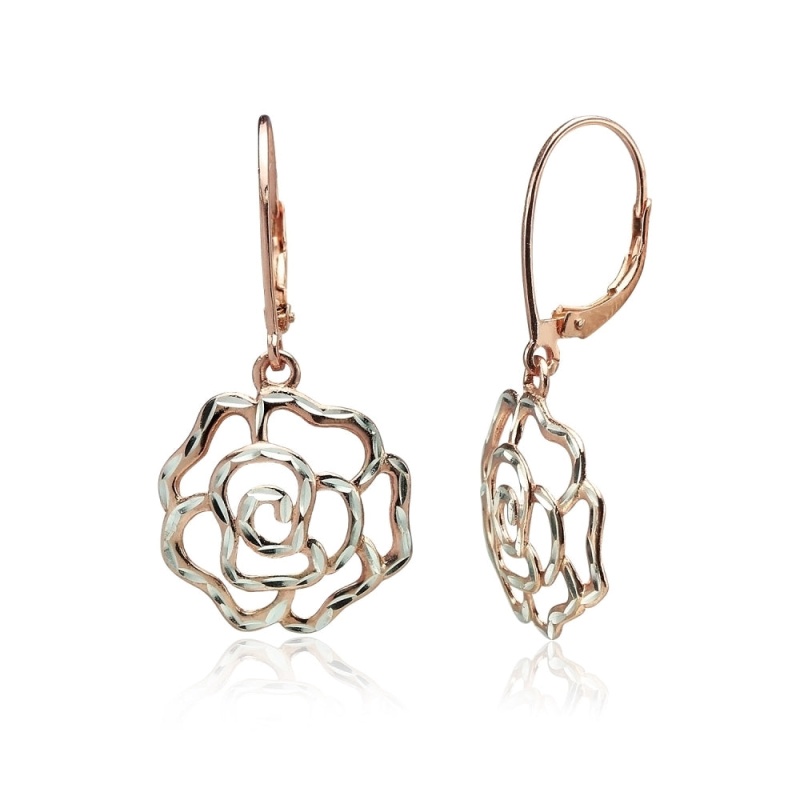 Rose Gold Flashed Sterling Silver Two-Tone Diamond-Cut Rose Flower Dangle Leverback Earrings