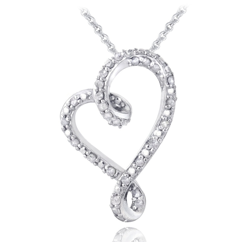 Sterling Silver 1/4Ct Diamond Ribbon Heart Slide Necklace