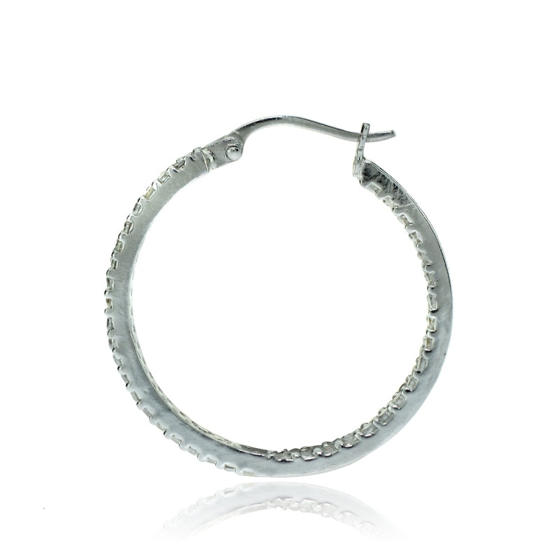 Sterling Silver Cubic Zirconia 3X25mm Two Row Inside-Out Hoop Earrings