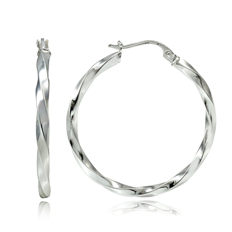 Sterling Silver Twist Round Hoop Earrings, 30Mm