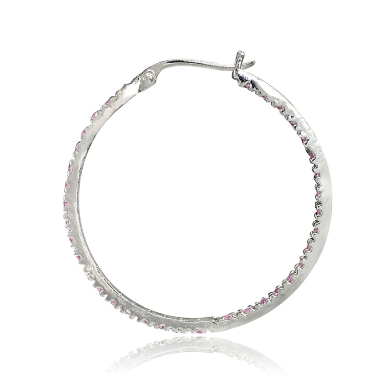 Sterling Silver Pink Cubic Zirconia Inside Out 35Mm Round Hoop Earrings