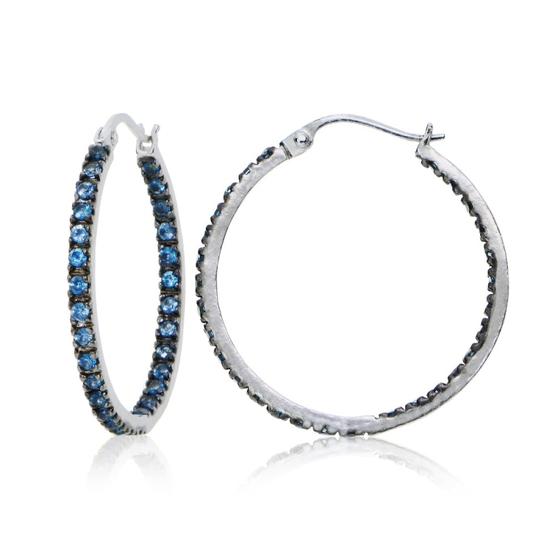 Sterling Silver Nano Created London Blue Topaz Stone Inside Out 25Mm Round Hoop Earrings
