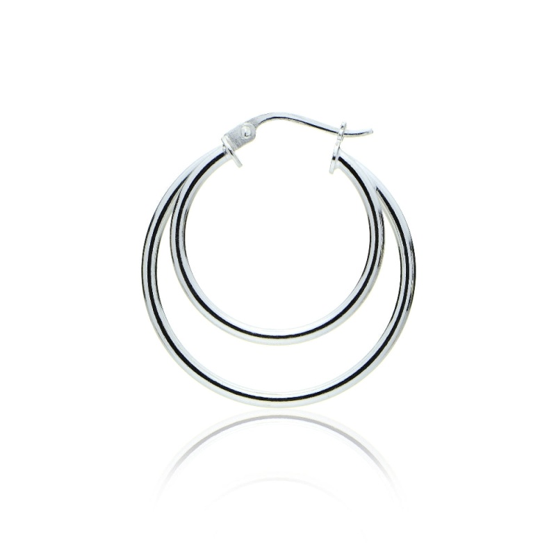 Sterling Silver Double Circle Round-Tube Polished Hoop Earrings, 30Mm
