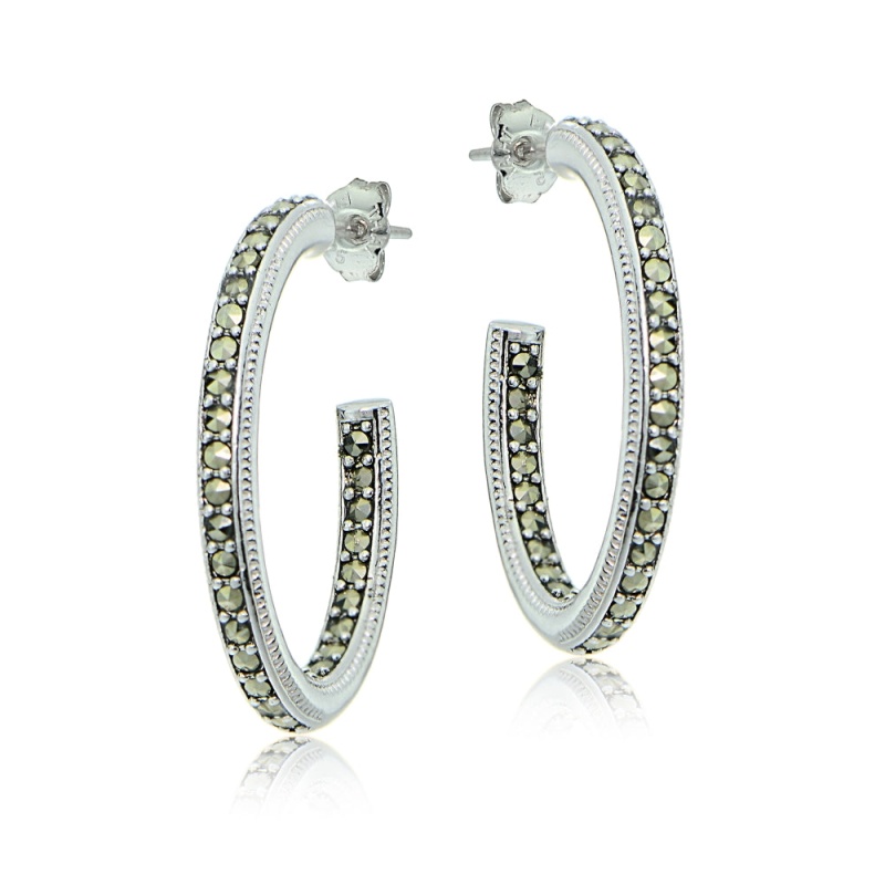 Sterling Silver Marcasite Inside Out Oval Half Hoop Earrings
