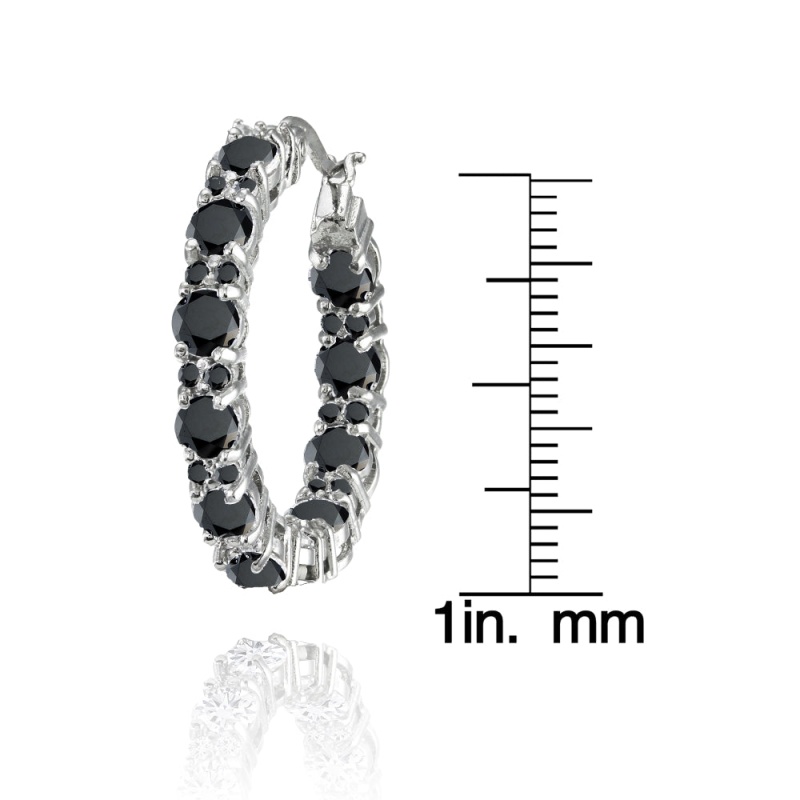 Sterling Silver Black Cubic Zirconia Inside Out 28Mm Round Hoop Earrings