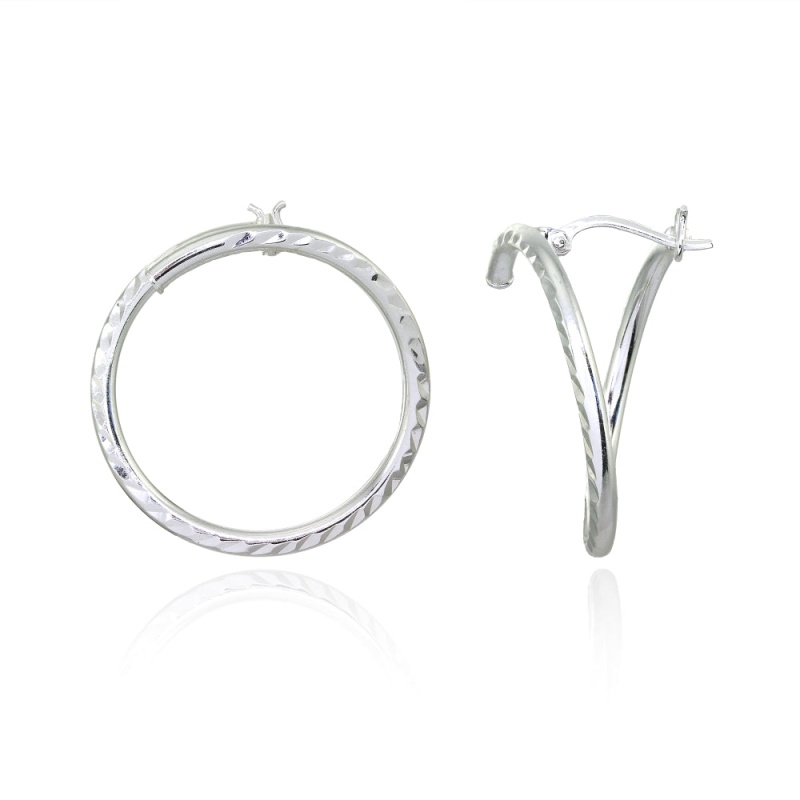 Sterling Silver 25Mm Diamond-Cut Open Circle Frontal Hoop Stud Earrings