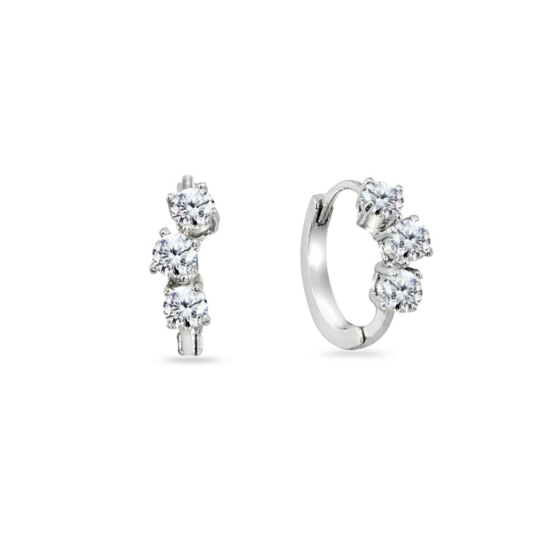 Sterling Silver Cubic Zirconia 3-Stone Prong-Set Small Huggie Hoop Earrings