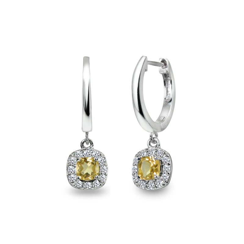 Sterling Silver Citrine & Cubic Zirconia Cushion-Cut Halo Small Dangle Huggie Hoop Earrings