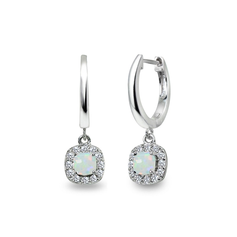 Sterling Silver Synthetic White Opal & Cubic Zirconia Cushion-Cut Halo Small Dangle Huggie Hoop Earrings