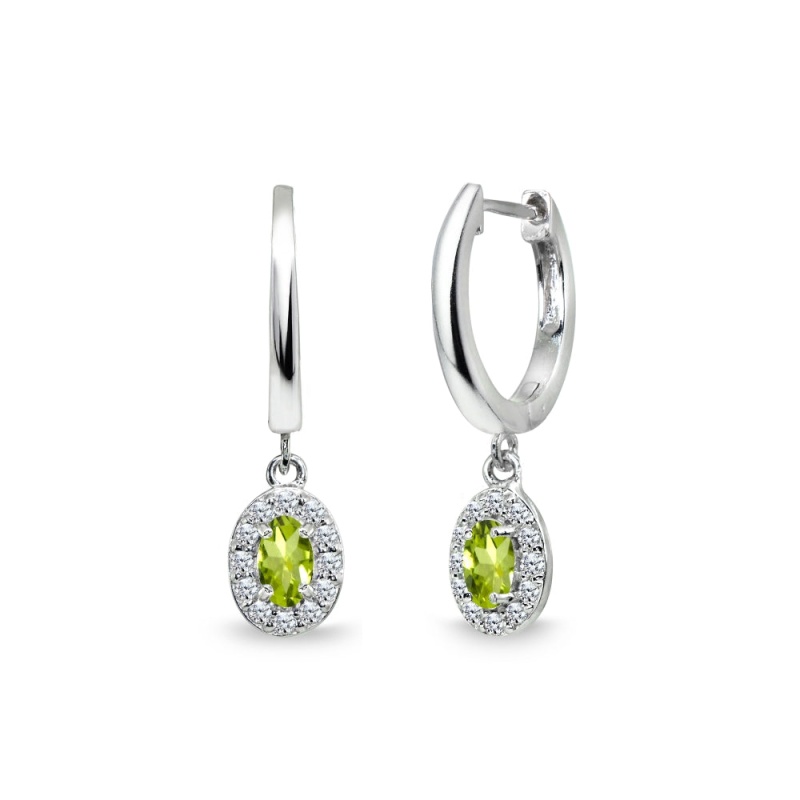 Sterling Silver Peridot & Cubic Zirconia Oval-Cut Halo Small Dangle Huggie Hoop Earrings