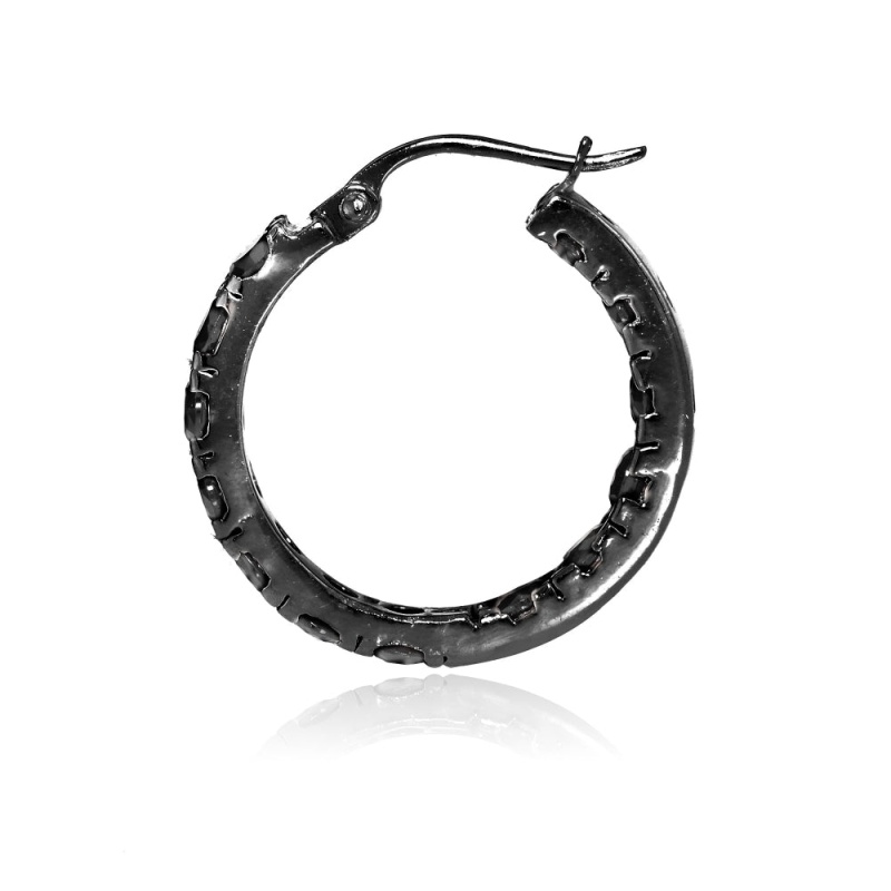Black Tone Over Sterling Silver Black Cubic Zirconia Inside Out 3X25 Mm Round Hoop Earrings
