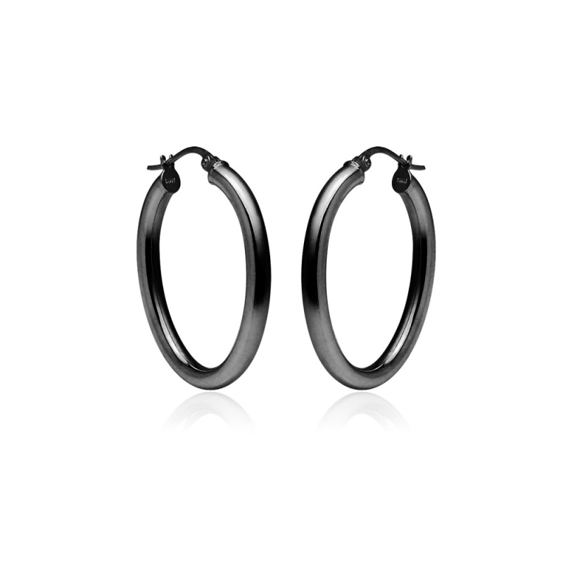 Black Flashed Sterling Silver 3X40mm High Polished Oval Hoop Earrings