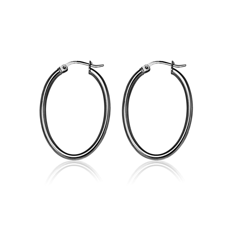 Black Flashed Sterling Silver Two Tone 2X30mm Diamond-Cut Oval Hoop Earrings