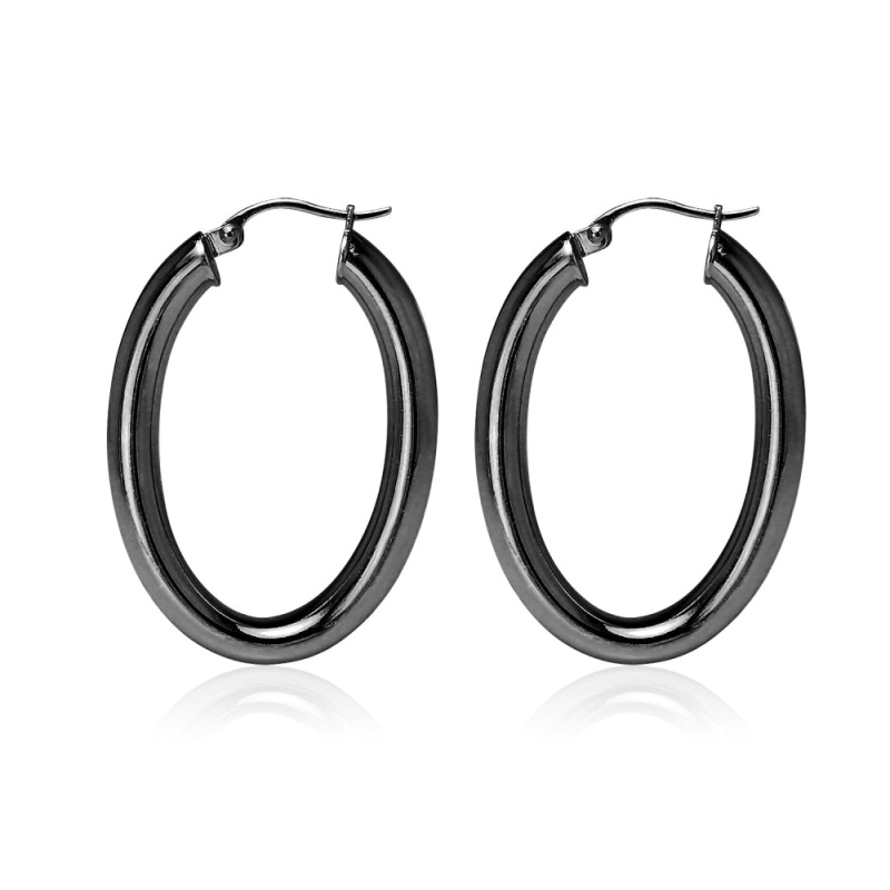 Black Flashed Sterling Silver Two Tone 4Mm Oval Diamond-Cut Hoop Earrings, 25Mm