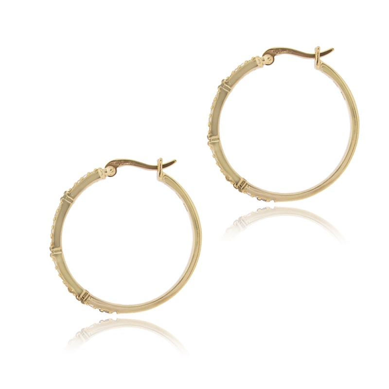 Gold Tone Over Sterling Silver .06Ct Champagne Diamond & White Topaz Hoop Earrings