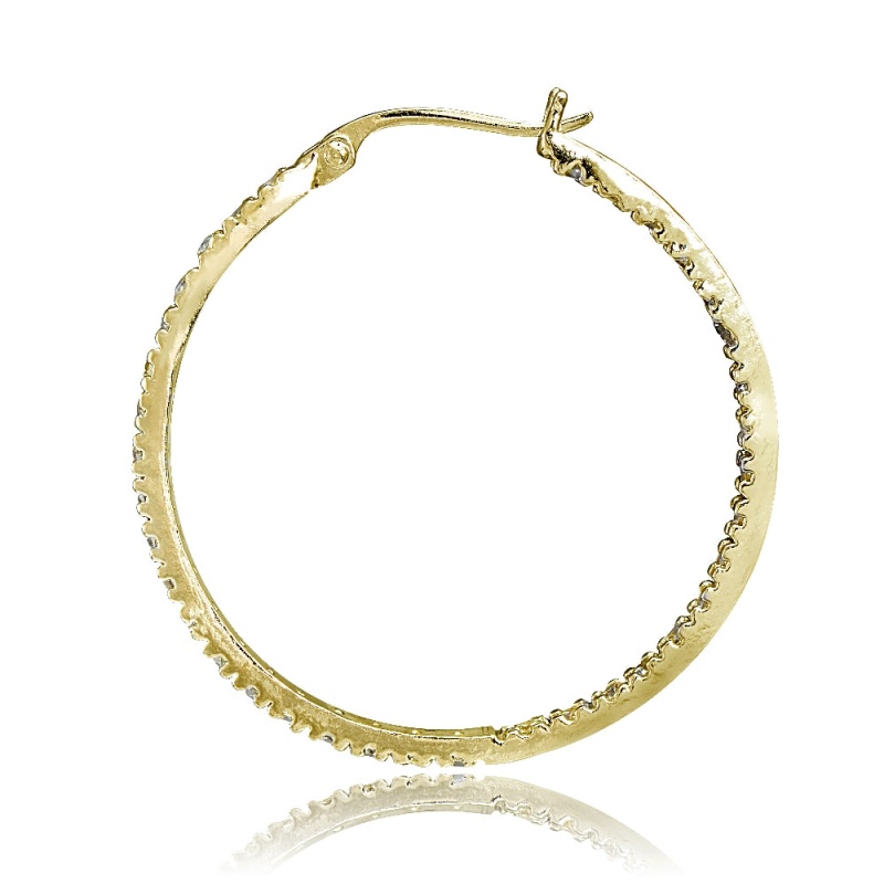 Gold Tone Over Sterling Silver Cubic Zirconia Inside Out 30Mm Round Hoop Earrings