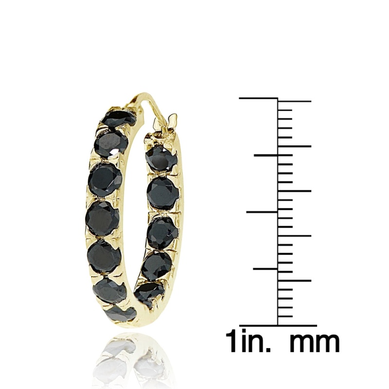 Gold Tone Over Sterling Silver Black Cubic Zirconia Inside Out 3X25 Mm Round Hoop Earrings